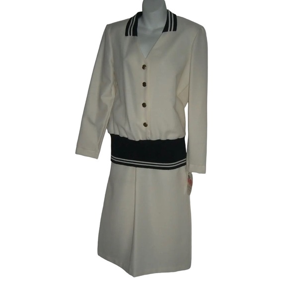 Vintage 50's Outfit Skirt Blouse Set Secretary Nautical Deadstock Ivory Striped - Picture 3 of 12